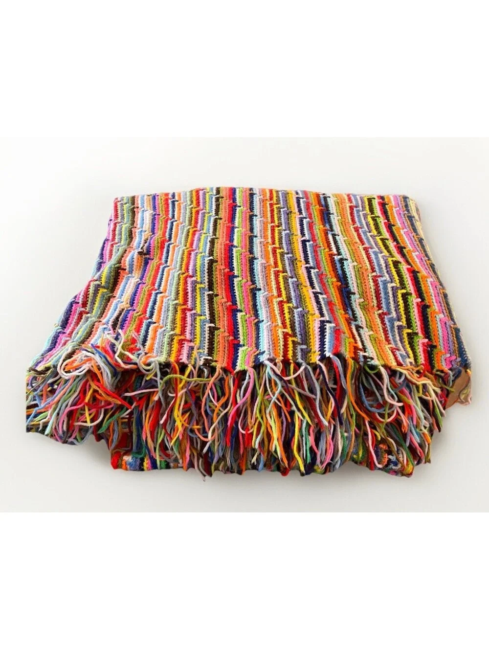 Large Knit Handmade Crocheted Afghan Blanket Rainbow Multi Color 80x92 Inch Vtg
